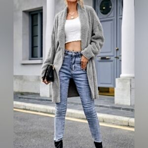 SHEIN Teddy Fleece Gray Open Front Shawl Cardigan